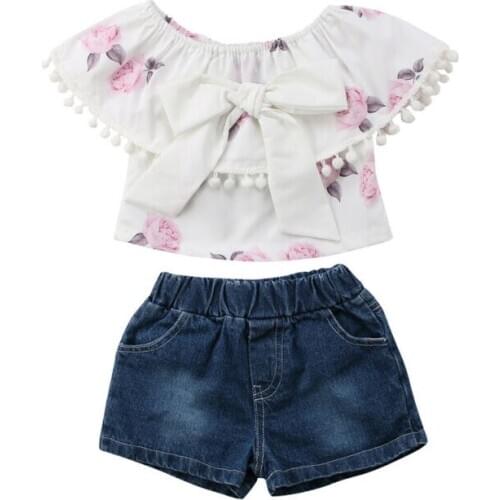 PUDCOCO Toddler Kid Baby Girl Clothes Casual Floral T-shirt Top Denim Shorts Pants Outfit Set 1-6T