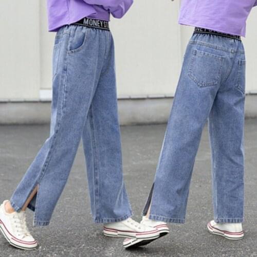 Retail New Spring Autumn Girls' Jeans Pure Color Childrens Straight Loose Wide-Leg Pants Baby Trousers