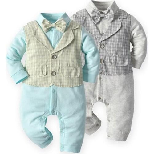 Imcute Babys False Two-pieces Romper, Long Sleeve Button Crotch Jumpsuit and Checked Waistcoat with Bow Tie Spring Autumn New