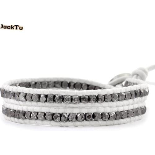 Gunmetal nuggets double wrap leather bracelet for men