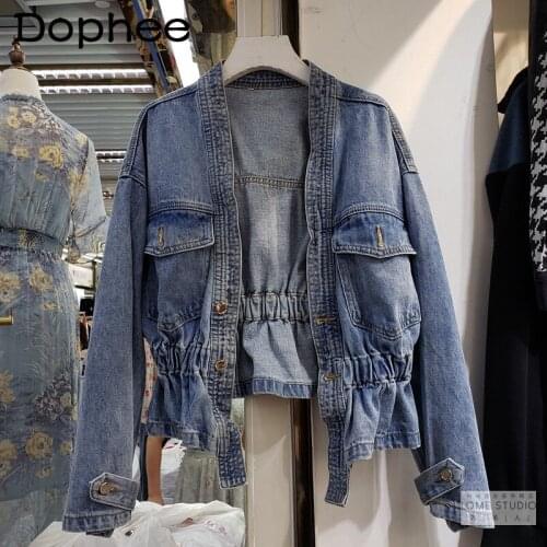 Spring and Autumn New Korean Style Fashion Jeans Coat Slimming Tight Waist V-neck Two-Button Loose Short Denim Jacket for Women