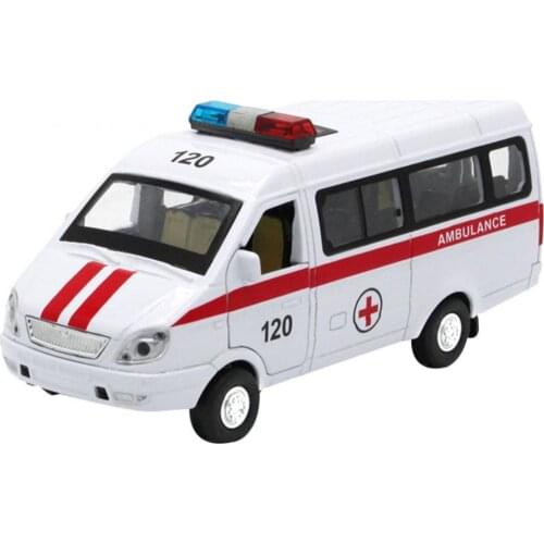 1:32 Kids Toys Hospital Rescue Ambulance Police Diecast Metal Car Model With Pull Back Sound Light For Children Toys Gifts
