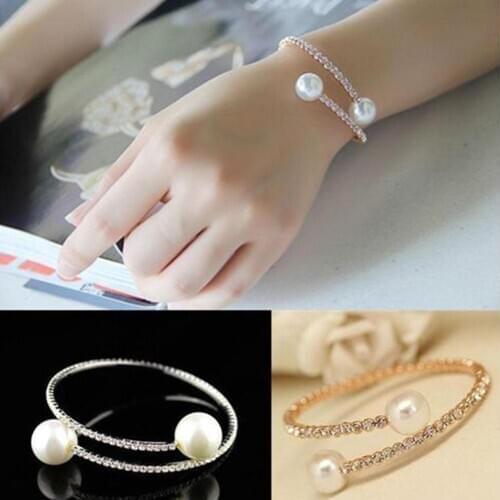 Fashion Single-ring open bangle rhinestone inlaid artificial pearl open ring jewelry friendship bracelets Womans accesories