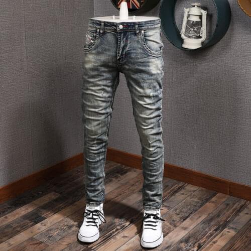 Italian Style Fashion Men Jeans Retro Elastic Slim Fit Ripped Denim Pants Vintage Designer Scratch Casual Distressed Trousers