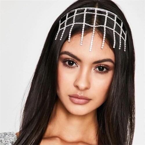 Fashion Retro Mesh Crystal Hair Hoop Headdress Shiny Rhinestones Sexy Bride Forehead Tassel Hair Accessories Wedding Accessories