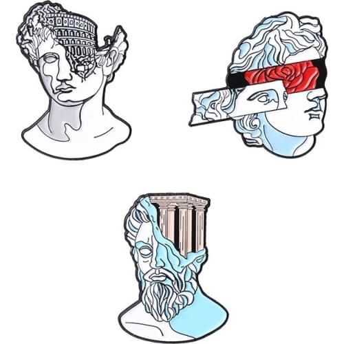 Cartoon Artistic Brooches Human Head Ancient Building Sculpture Enamel Pins Bag Lapel Badge Fashion Jewelry Gifts for Friends