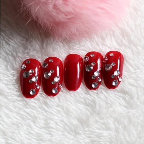 2020 The latest popular full diamond crystal diamond round head candy color fake nails sexy red M001