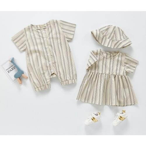 Summer New Boys And Girls Bodysuit Vertical Stripe Hatsuit Creeper Dress Hat 1-3 Years Japan Simple Korean Birthday Rompers Kids