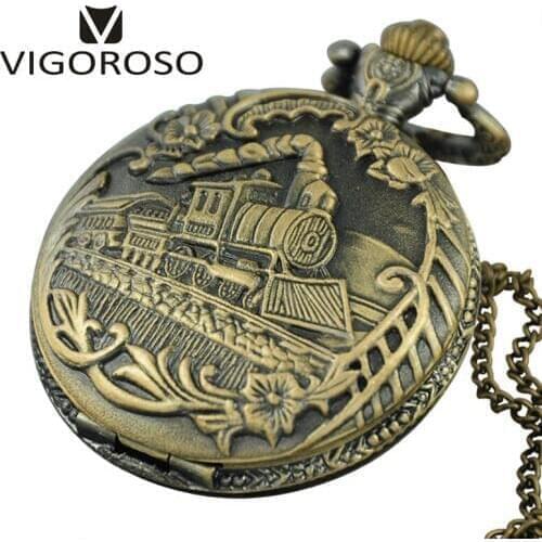 New Vintage Bronze Quartz Pocket Watch Train Pattern Fob Watch Necklace Pendant Women Mens Gifts Reloj Mujer