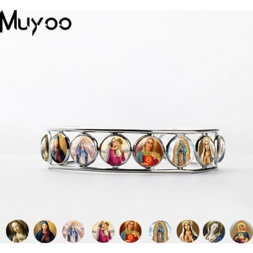 New Vintage Style Jewelry Virgin Mary Glass Cabochon Bangles Cuff Our Lady of Guadalupe Jewelry Glass Art Adjustable Bangle