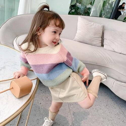 Girls dress autumn clothes new color strip Korean casual childrens sweater baby girl autumn and winter thickening warm