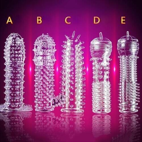 OLO Extension Reusable Condom Penis Sleeve Male Enlargement Time Delay Spike Clit Massager Cover Crystal Clear Condoms Sex Toy