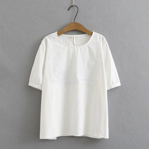 Plus Size XL-4XL Womens Short Sleeve Cotton Tshirts Embroidery Vintage Summer Tops Ladies A-line Shirts