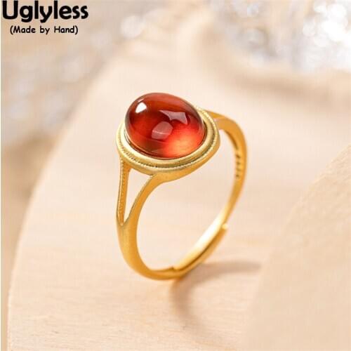 Uglyless Luxury Garnet Gold Rings for Women 100% Genuine 925 Silver Open Rings Simple Fashion Oval Gemstones Vogue Dress Jewelry