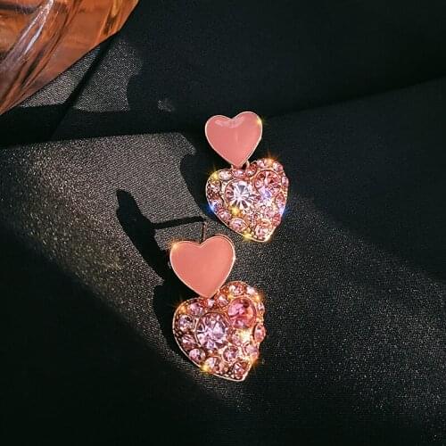 Pink Heart-Shaped Earrings Ear Stud Crystal Ear Pendant Korean Japanese Simple Fashion Net Red Ear Stud New Fashion