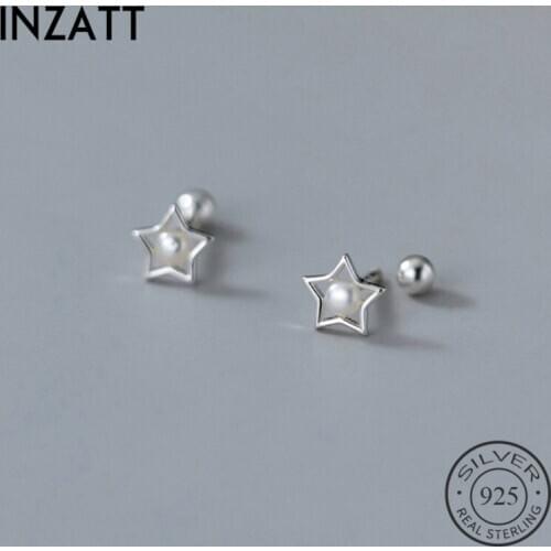 INZATT Real 925 Sterling Silver Hollow Star Pearl Stud Earrings For Fashion Women Party Cute Fine Jewelry Minimalist Accessories