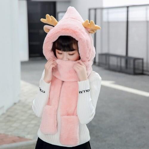 2021 3 In 1 Faux Fur Cute Deer Ear Hooded Scarf Winter Warm Children Hat With Long Scarf Gloves Christmas Gift For Children