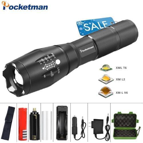 Led flashlight 10000LM Ultra Bright Waterproof Torch T6/L2/V6 Camping lights 5 Modes Zoomable Light with 18650 battery charger