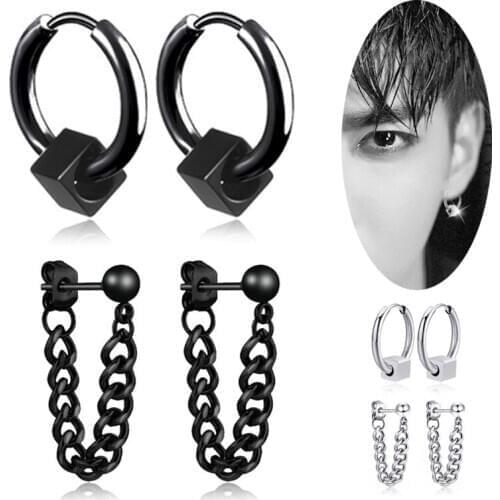 Titanium Hoop Earrings for Men Women With Cube Chain Charm Dangling Black Silver Steel Punk Kpop Earrings for Teen Boys Girls
