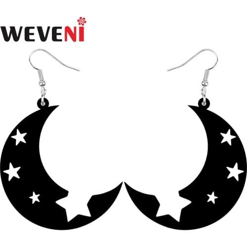 WEVENI Acrylic Hallow Moon Star Earrings Sweet Big Printing Dangle Drop Jewelry For Women Girls Charm Festival Gift Accessories