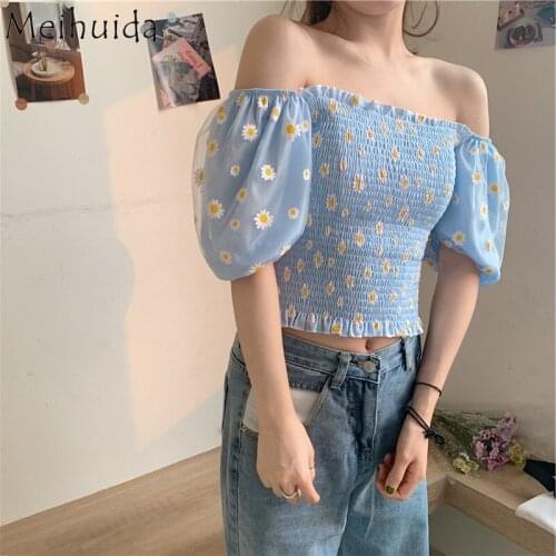 Women Daisy Embroidery Blouse Mesh Puff Sleeve Off shoulder Crop Top Summer Girls Elegant Clothes Shirts