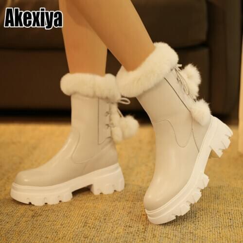 Womens Boots round Toe Genuine Leather Ankle Boots Thick square Heel High Shoes Woman Female Real rabbit hair Boots p395