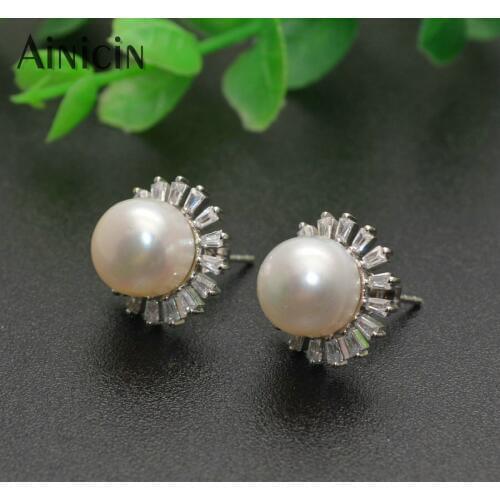 New Arrival Summer 925 Sterling Silver Stud Earrings Nearly Round Natural Freshwater Pearl Snow Flower Shape Women Jewelry