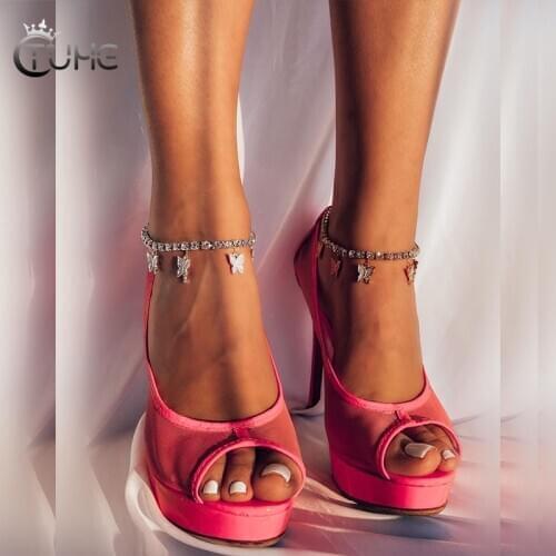 4mm Iced Out Bling 5A CZ Tennis Chain Anklet Jewelry For Women Pink Pinky Butterfly Pendant Anklet summer New Beach Foot Chains