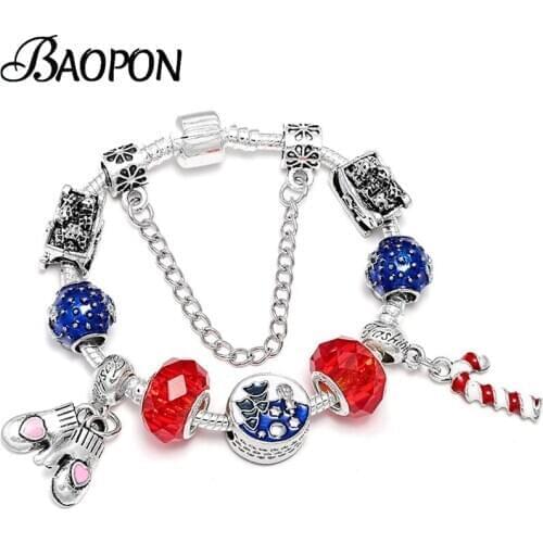 BAOPON Silver Color Crystal Charm Bracelets For Women With Christmas Series Beads Bracelets &Bangles Fashion Xmas Jewelry Gift