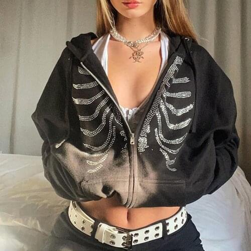 Y2k loose oversized street rhinestone gothic print womens long-sleeved Harajuku pullover hoodie zipper casual clothes E-girl