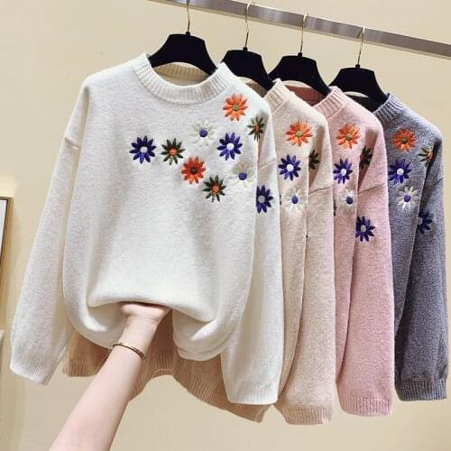Women Oversized Sweater and Pullovers 2020 O neck embroidery Pull Jumpers Korean Knit Sweaters Purple Pink Knitwear Pull