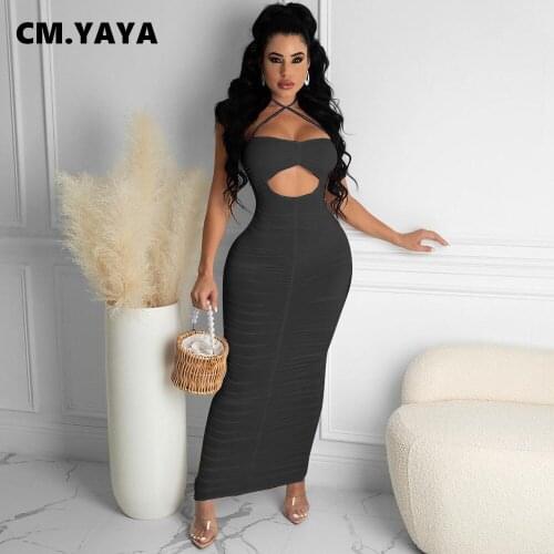 CM.YAYA Sexy Night Party Stacked Midi Maxi Dress Women Halter Neck Cut Out Waist Open Back Bodycon Bandage Ruched Long Dresses