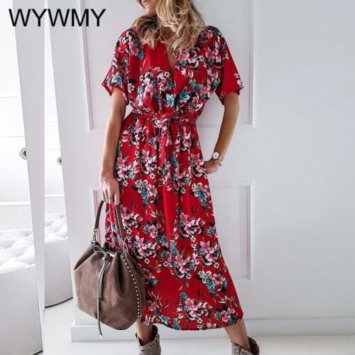 New Elegant Floral Print Dress Women Summer 2021 Fashion Lace-Up Slim Long Dress Casual V Neck Short Sleeve Beach Dress Vestidos