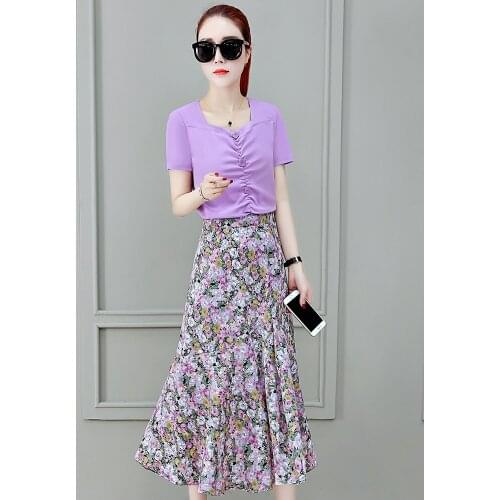 Two-piece Summer Women Dress Short Sleeve A-line Chiffon Floral Print Vestidos De Verano Mujer Vintage Roupa Feminina 8629