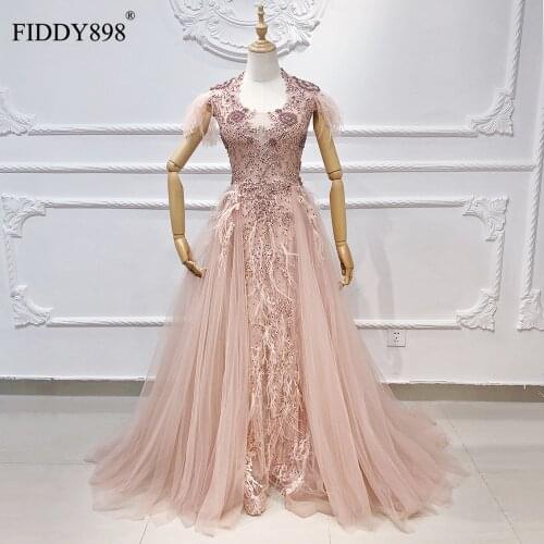 Dubai Evening Dress 2020 Feather Sleeve Lace Luxury Beaded Mermaid Evening Gown Long Formal Party Dress Vestido de Fiesta