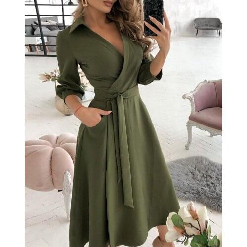 2021 Women Dress Vintage Lapel Neck Long Shirt Dress Ladies Office Wrap Design Plain Long Sleeve Flared Dress