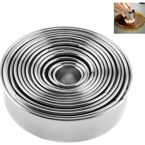 14Pcs DIY Fondant Mousse Cake Mold Stainless Steel Decorating Tool Round Silver Ring Slicer Cutter Hand Push for Baking Cooking