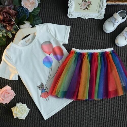 New Summer Girls Sets Balloon Printed Children Short Sleeve T-shirt Top + Mesh Rainbow Skirt 2PCS Kids Suit Lovely Girl Clothes