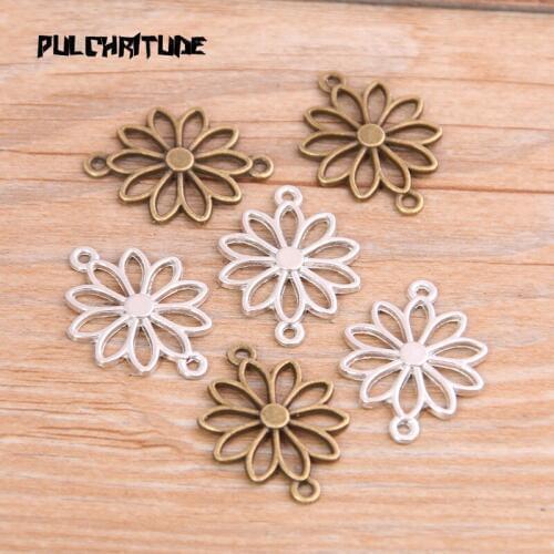 20PCS 19*25mm New Product Two Color Openwork Flowers Charms Plant Connector Jewelry Metal Alloy Jewelry Marking