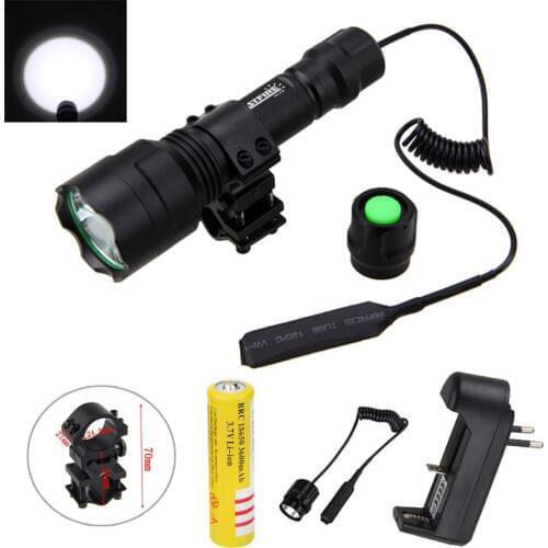 2500lm T6 Tactical Hunting Light LED Weapon Flashlight White Torch+ Rifle Scope Mount +Pressure Switch+18650 Battery+Charger