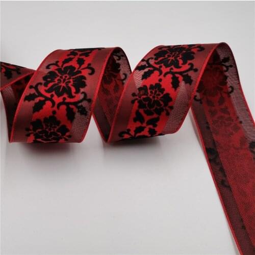 38mm 25Yards Christmas Ribbon Festival Wired Wine Printing Flower Ribbons for Decoration New Year Gift Wrapping 1-1/2"