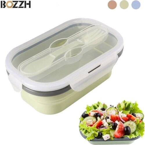 BOZZH 1Pcs Silicone Collapsible Lunch Box Food Storage Container Microwavable Foldable Bento Box With Fork Dinnerware