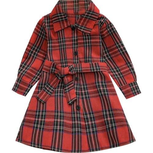 1-6Y Kids Girls Casual Long Sleeve Shirt Dress Fashion Red Plaid Single-breasted A-line Dress With Waist Belt Outfit