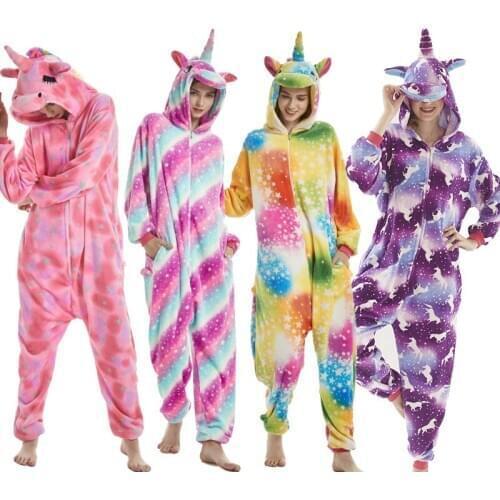 KIGUCOS 2019 New Cartoon Pijama Unicornio All In One Hooded Star Unicorn Animal Pajamas Women Warm Lovely Pegasus Sleepwear