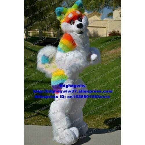 Long Fur Furry Rainbow Husky Dog Wolf Fox Fursuit Mascot Costume Adult Cartoon Character Evening Party Open A Business zx2988