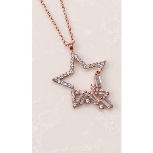 Womens Pink Star Baget Stone Silver Necklace