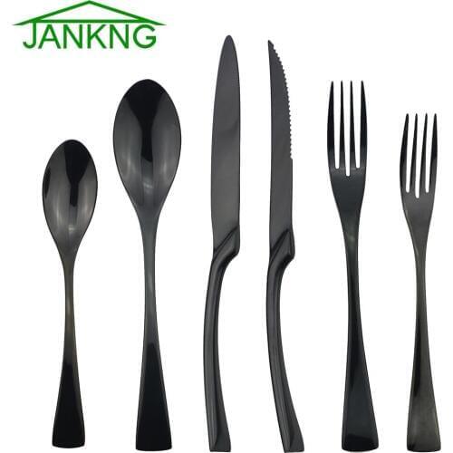 JANKNG 24Pcs Black 18/10 Stainless Steel Dinnerware Serrated Sharp Steak Knife Tableware Set Cutlery Set Service For 4