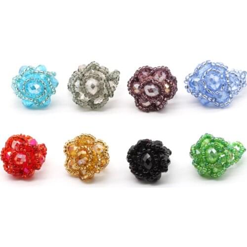 Hand-knitted Crystal Beads Ring Champagne Golden Red Blue Green Flower Jewelry Girl Party Gift GR002