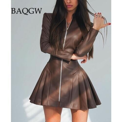 Brown Black Vintage PU Leather Party Dress Women Zipper Winter Mini Dress Long Sleeve Pleated Skirt Casual Dress High Street
