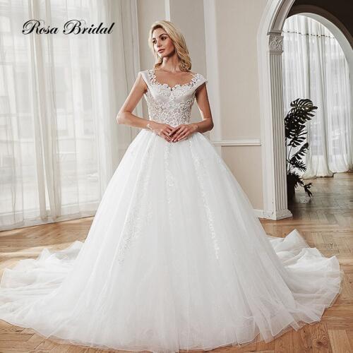 Rosabridal Little star court train O neck cap sleeves full beading lace ball gown with deep V backless